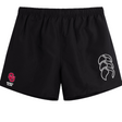 The University of Oklahoma Women Tactic Shorts by EMB Canterbury are black rugby shorts with a red "OU Rugby Club" logo on the left and a white tribal-style design on the right.