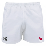 Check out the University of Oklahoma Women Professional Polyester Rugby Shorts by EMB Canterbury, featuring the Canterbury logo on the left and "OU Rugby Club" with a bold red emblem on the right.