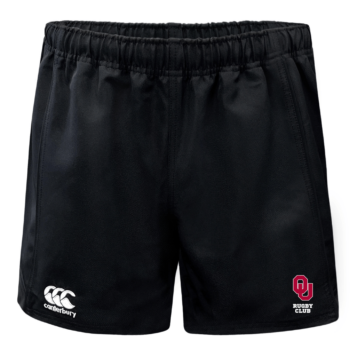 The University of Oklahoma Women Professional Rugby Shorts by EMB Canterbury feature durable black polyester, an elastic waistband, the iconic Canterbury logo on the left, and a red shield with "OU Rugby Club" on the right.
