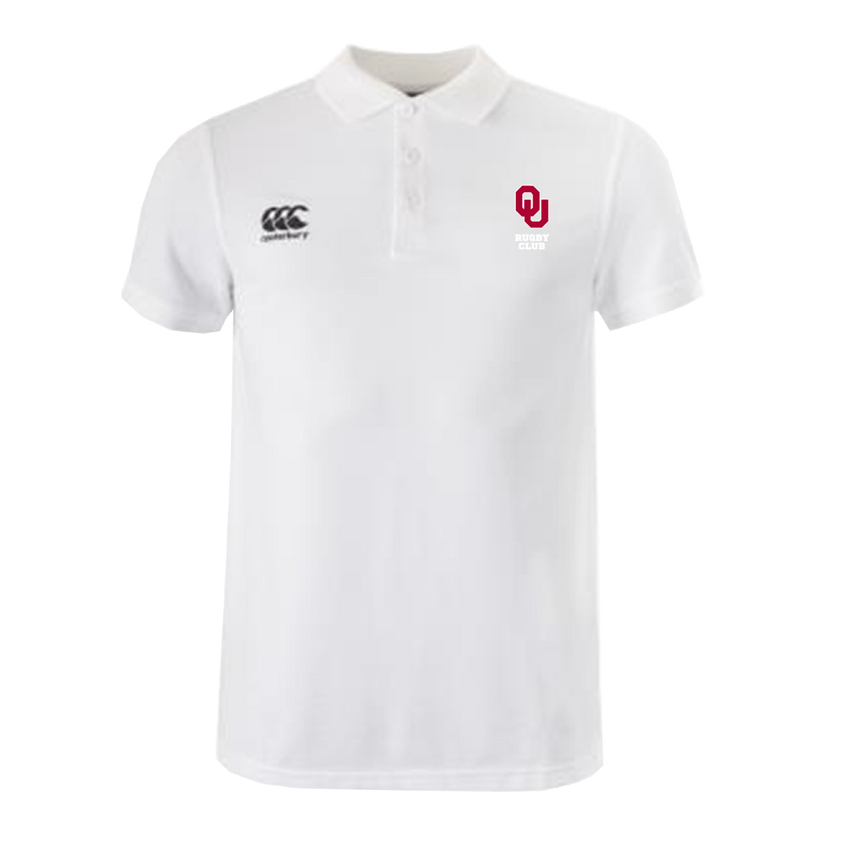 The University of Oklahoma Women Waimak Polo by EMB Canterbury is a white rugby shirt made from a comfy cotton-polyester blend, featuring embroidered logos: a black logo on the left and a red and white logo on the right. Perfect for fans of Canterbury style.