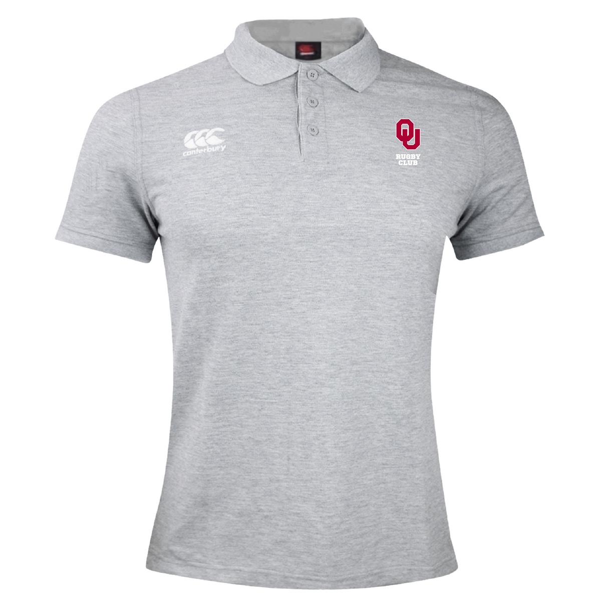Gray University of Oklahoma Women Waimak Polo by EMB Canterbury featuring the OU Rugby Club and Canterbury logos on the front, crafted from a comfortable cotton polyester blend.