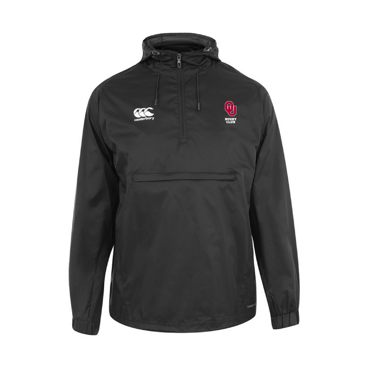 The EMB Canterbury University of Oklahoma Women Packaway Jacket features a black hood, water-resistant finish, left-chest Canterbury logo, right-chest "OU Rugby" emblem, durable nylon taffeta construction, zipper closure, elastic cuffs, and a front pocket.