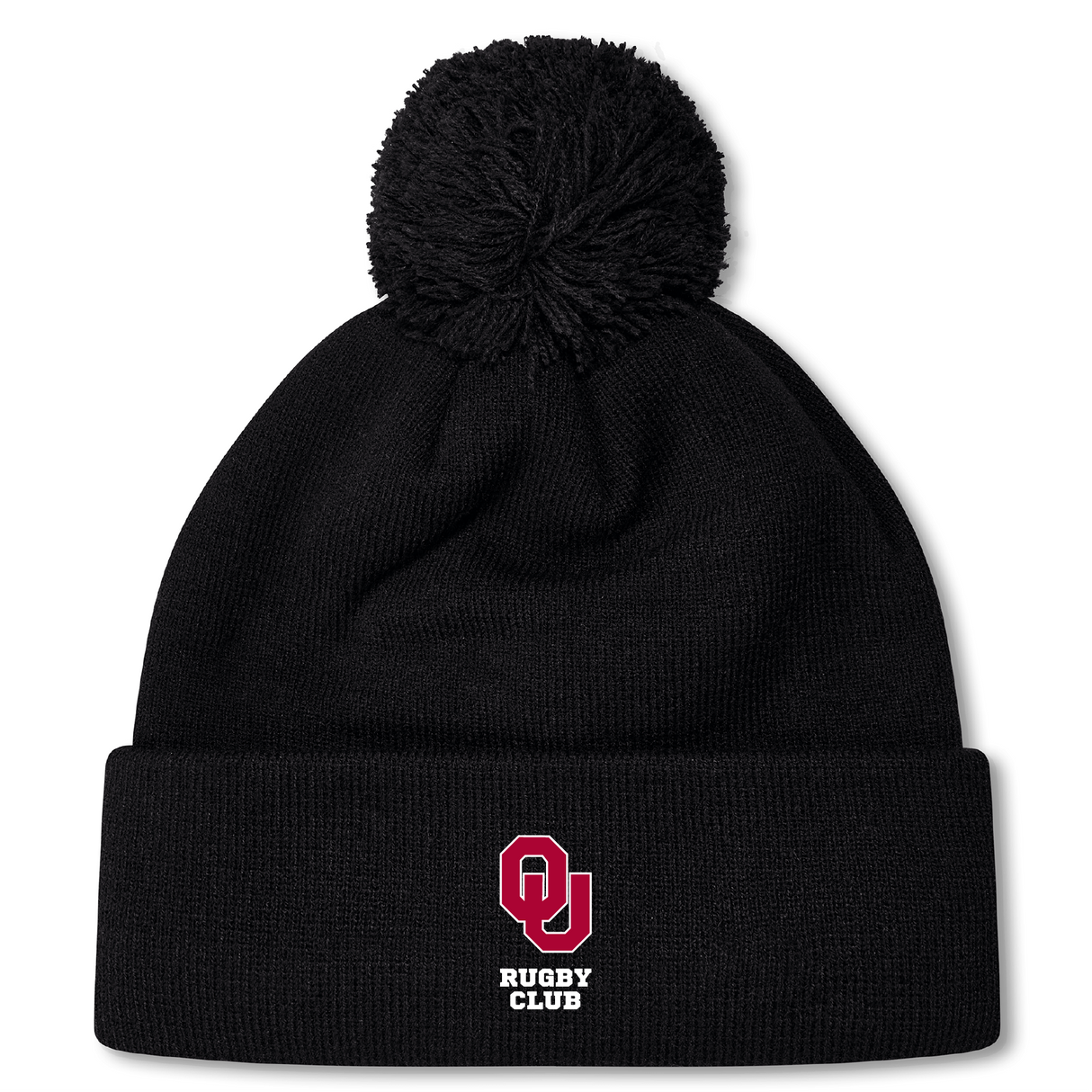 The University of Oklahoma Women Pom Pom Beanie by EMB Canterbury is a black beanie featuring a large pom-pom and a front logo with a red "O," "U," and "Rugby Club" in white. Fleece-lined for warmth, it's ideal for chilly days to display your Canterbury Rugby pride.