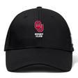 The University of Oklahoma Women Flexfit Drill Cap by EMB Canterbury showcases an embroidered "OU Rugby Club" logo in red and white on the front, featuring a convenient snap adjuster for a perfect fit.