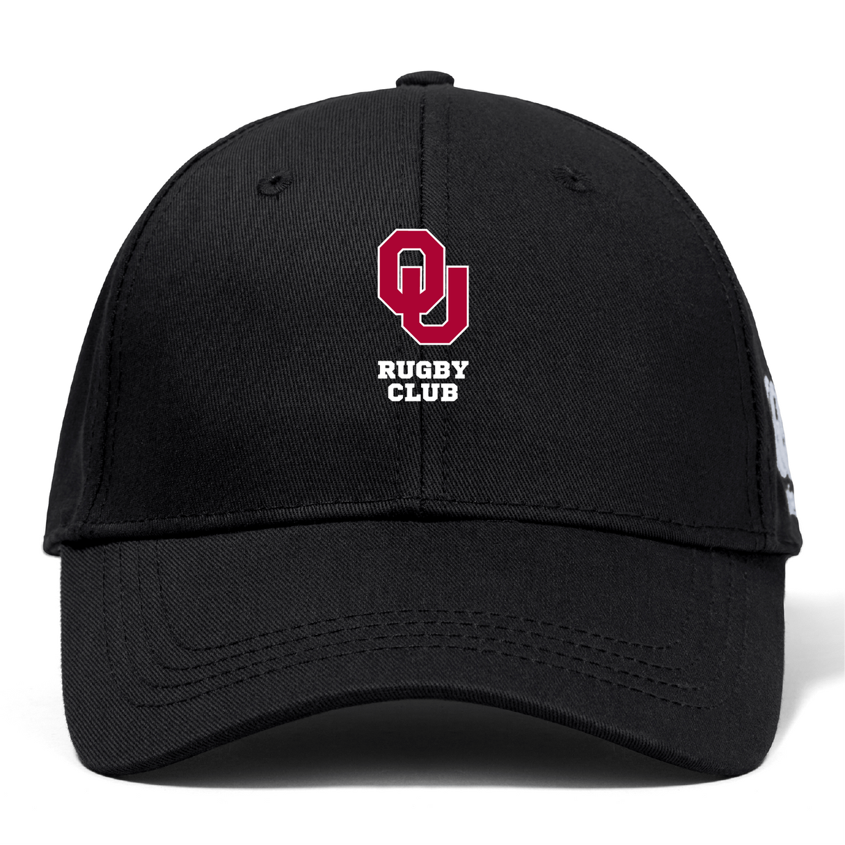 The University of Oklahoma Women Flexfit Drill Cap by EMB Canterbury showcases an embroidered "OU Rugby Club" logo in red and white on the front, featuring a convenient snap adjuster for a perfect fit.