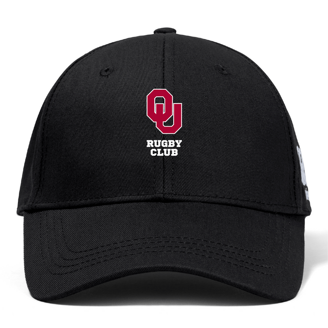 The University of Oklahoma Women Flexfit Drill Cap by EMB Canterbury showcases an embroidered "OU Rugby Club" logo in red and white on the front, featuring a convenient snap adjuster for a perfect fit.