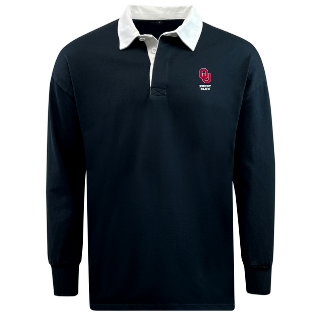 The EMB Mudoo University of Oklahoma Women Classic Long Sleeve Solid Rugby Jersey, made from a comfy cotton/poly blend, sports a white collar and small red "OU Rugby Club" logo on the upper left chest, epitomizing timeless rugger style in classic navy.