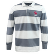 The EMB Mudoo University of Oklahoma Women's Classic Long Sleeve Hooped Rugby Jersey showcases wide gray and white stripes, a classic collar, a small logo on the left chest, and is crafted from a comfy cotton-poly blend.