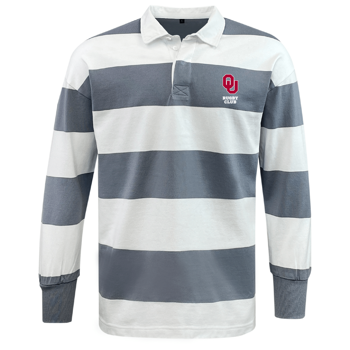 The EMB Mudoo University of Oklahoma Women's Classic Long Sleeve Hooped Rugby Jersey showcases wide gray and white stripes, a classic collar, a small logo on the left chest, and is crafted from a comfy cotton-poly blend.