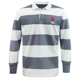 The EMB Mudoo University of Oklahoma Women's Classic Long Sleeve Hooped Rugby Jersey showcases wide gray and white stripes, a classic collar, a small logo on the left chest, and is crafted from a comfy cotton-poly blend.