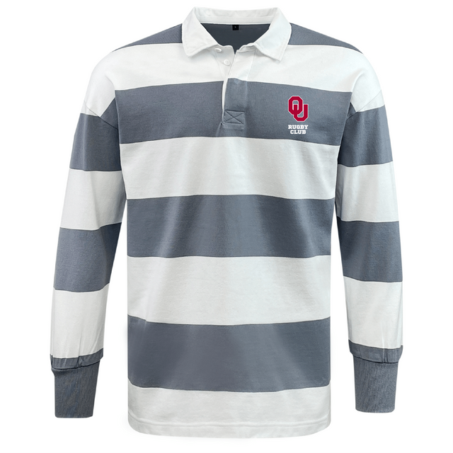 The EMB Mudoo University of Oklahoma Women's Classic Long Sleeve Hooped Rugby Jersey showcases wide gray and white stripes, a classic collar, a small logo on the left chest, and is crafted from a comfy cotton-poly blend.