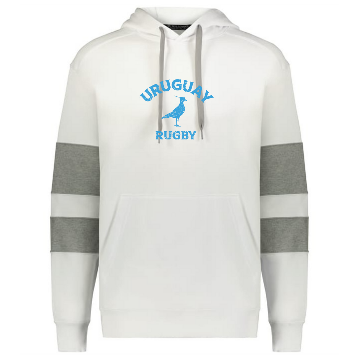 The WRS Augusta Nations of Rugby Uruguay Jackson Way Hoodie features gray sleeve bands, a blue "Uruguay Rugby" logo, and a rugby player silhouette on the front.