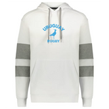 The WRS Augusta Nations of Rugby Uruguay Jackson Way Hoodie features gray sleeve bands, a blue "Uruguay Rugby" logo, and a rugby player silhouette on the front.