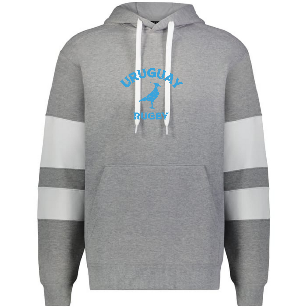 The WRS Augusta Nations of Rugby Uruguay Jackson Way Hoodie is gray with white drawstrings and sleeve bands, featuring a blue "Uruguay Rugby" logo and a Uruguay silhouette on the chest.