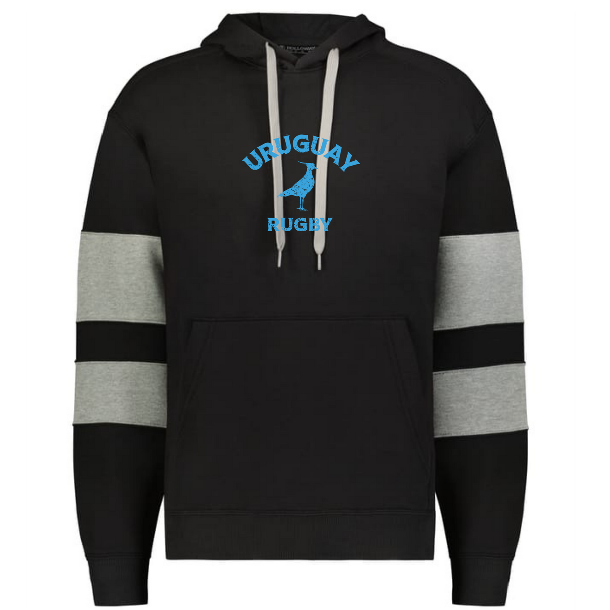 The Nations of Rugby Uruguay Jackson Way Hoodie by WRS Augusta features light gray sleeve stripes, a front pocket, and "URUGUAY RUGBY" above a stylized blue bird—an essential hoodie for Uruguay rugby fans.