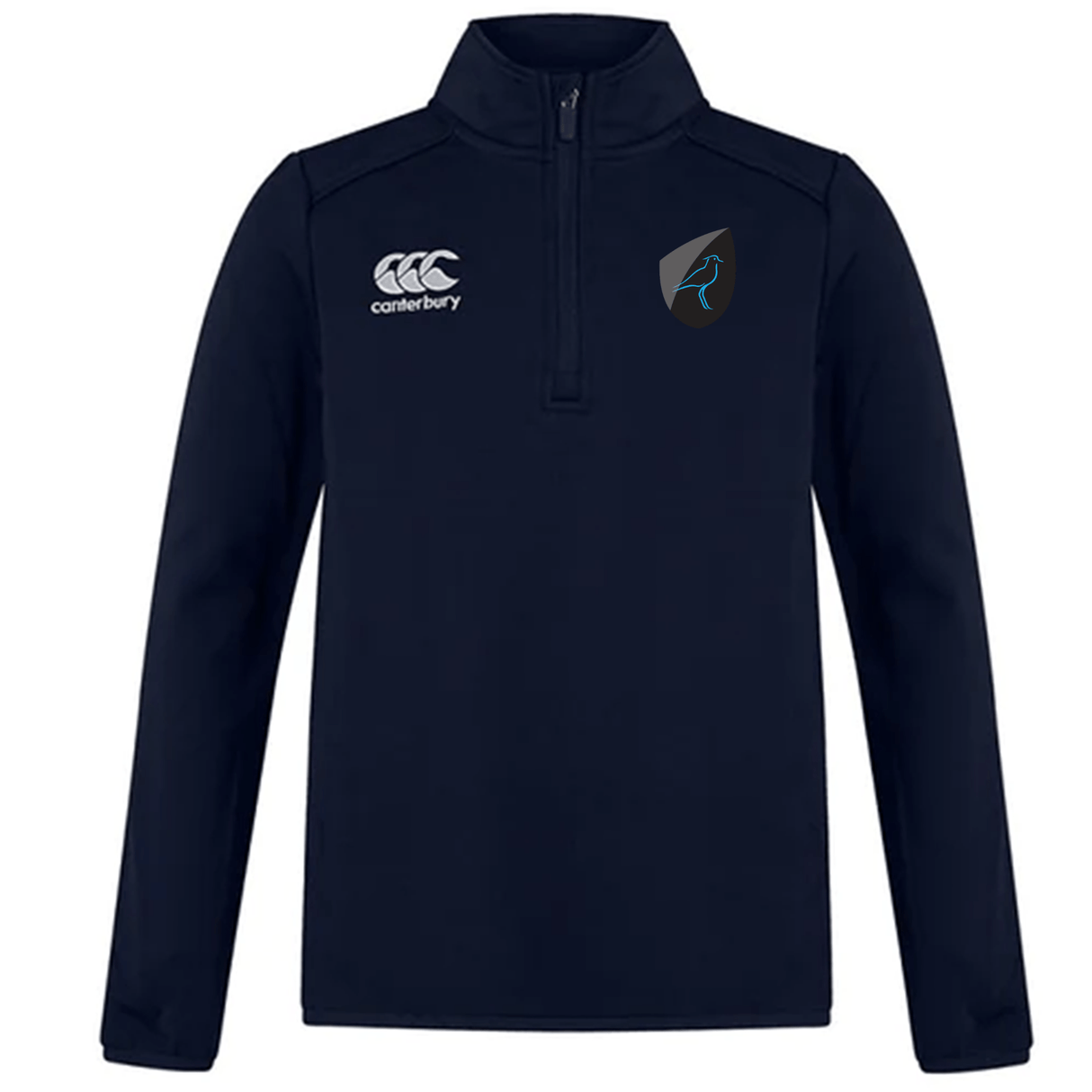A navy 1/4 zip training top by EMB Canterbury, showcasing the logo on one side and the stylized Uruguay Club Shield on the other.