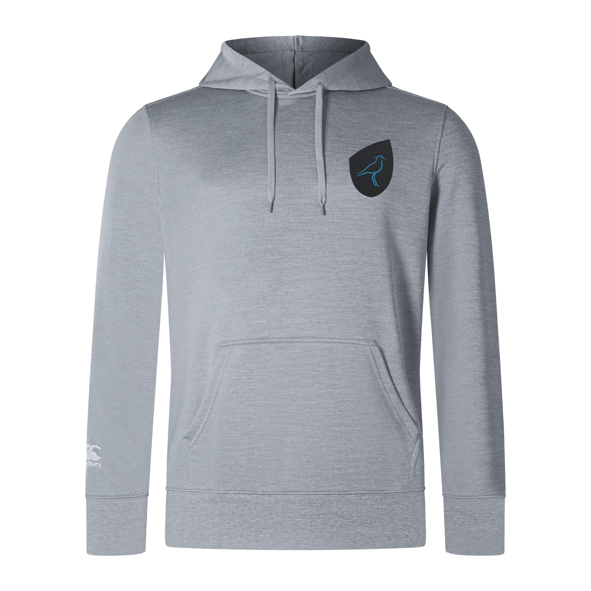 The Uruguay Shield Club Lightweight Hoodie by EMB Canterbury is gray and features a drawstring hood, front pocket, chest shield with bird logo for rugby supporters, and an additional logo on the right sleeve.