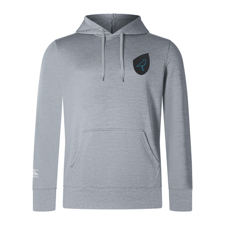 The Uruguay Shield Club Lightweight Hoodie by EMB Canterbury is gray and features a drawstring hood, front pocket, chest shield with bird logo for rugby supporters, and an additional logo on the right sleeve.