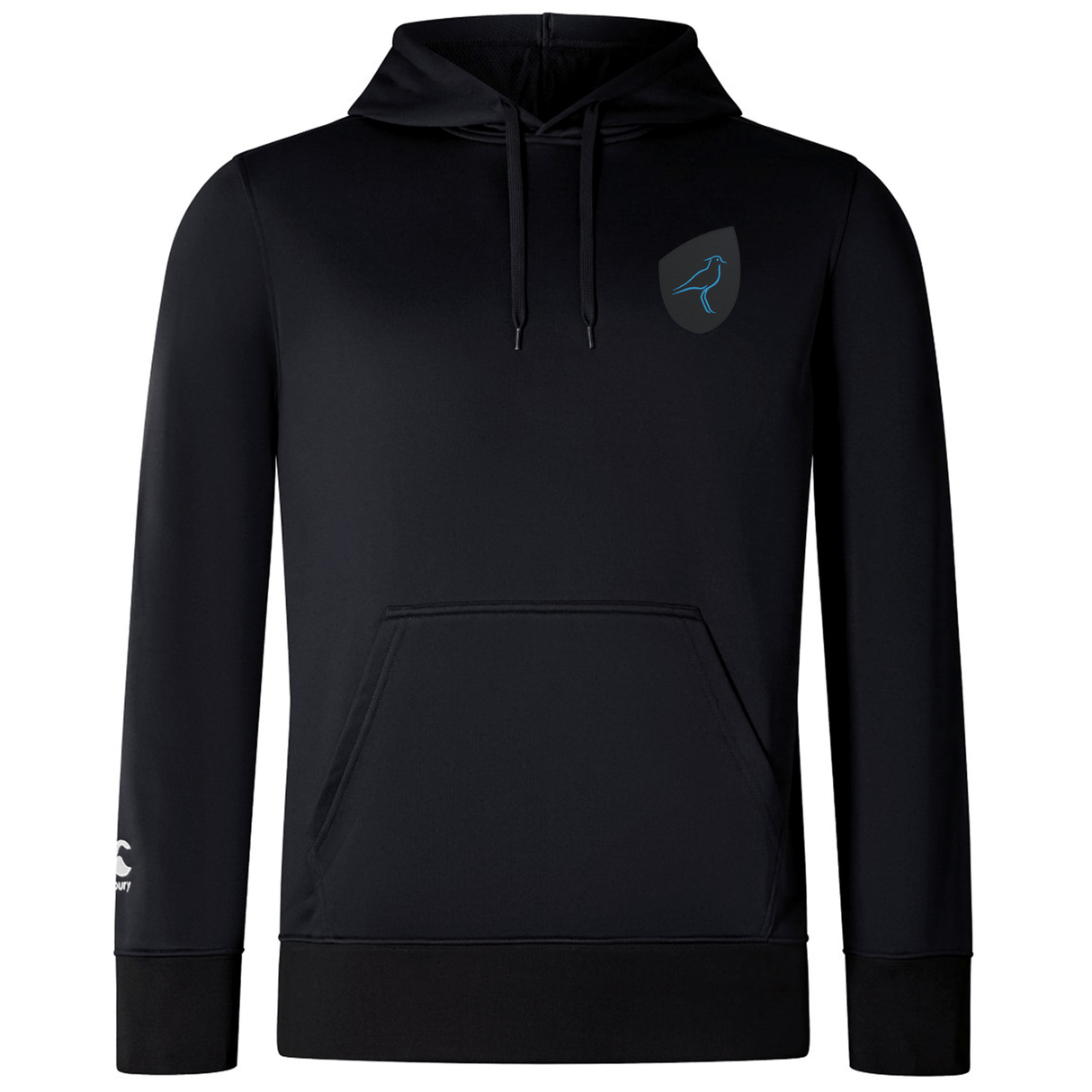 The EMB Canterbury Uruguay Shield Club Lightweight Hoodie is a black sweatshirt with drawstrings, a front pocket, and a small Uruguay Shield emblem on the chest, perfect for rugby supporters.