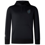 The EMB Canterbury Uruguay Shield Club Lightweight Hoodie is a black sweatshirt with drawstrings, a front pocket, and a small Uruguay Shield emblem on the chest, perfect for rugby supporters.