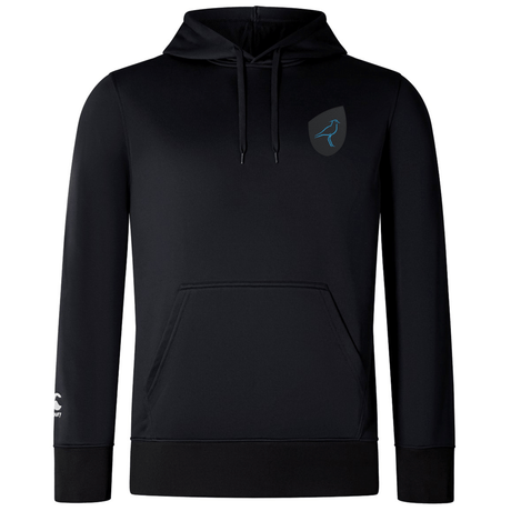 The EMB Canterbury Uruguay Shield Club Lightweight Hoodie is a black sweatshirt with drawstrings, a front pocket, and a small Uruguay Shield emblem on the chest, perfect for rugby supporters.