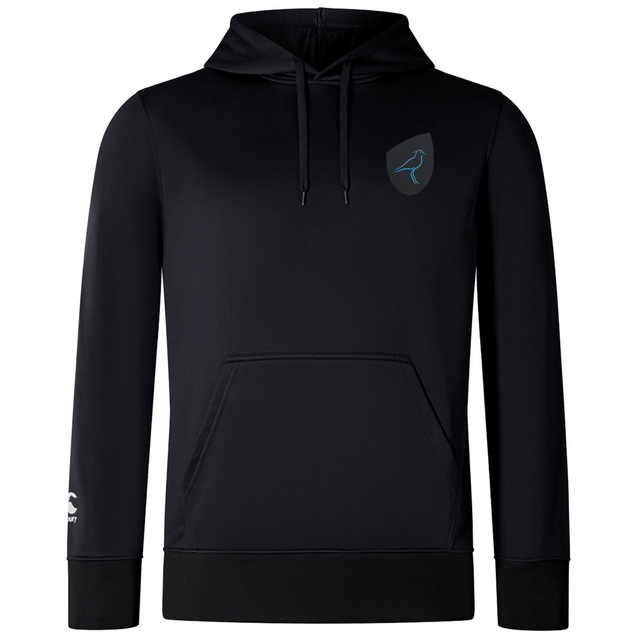 The EMB Canterbury Uruguay Shield Club Lightweight Hoodie is a black sweatshirt with drawstrings, a front pocket, and a small Uruguay Shield emblem on the chest, perfect for rugby supporters.