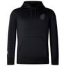 The EMB Canterbury Uruguay Shield Club Lightweight Hoodie is a black sweatshirt with drawstrings, a front pocket, and a small Uruguay Shield emblem on the chest, perfect for rugby supporters.