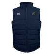 The Uruguay Shield Core Gilet by EMB Canterbury is a navy blue puffer vest with a high collar, featuring two logos on the chest and Thermoreg insulation for added warmth.