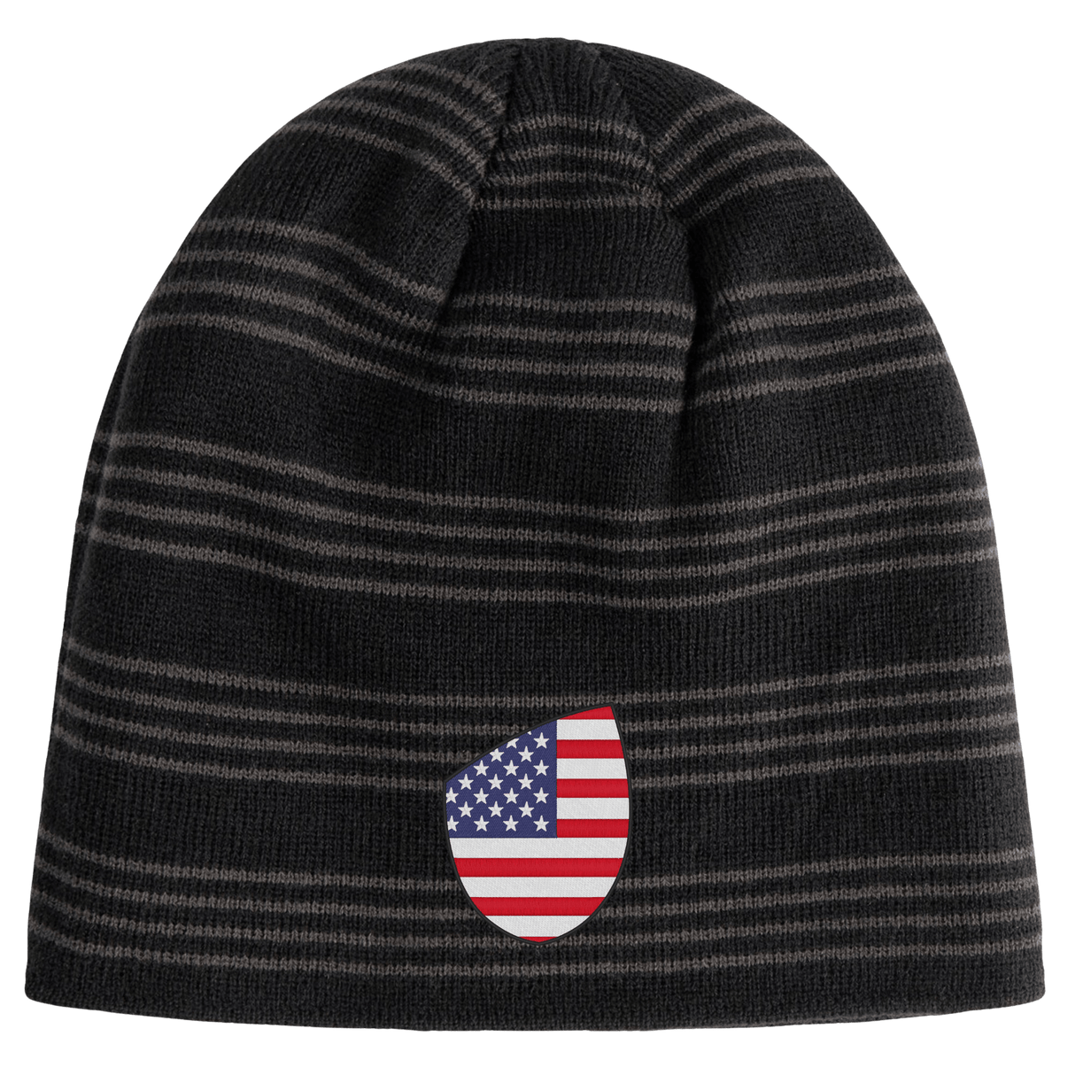 The EMB Canterbury USA Shield Beanie sports a dark striped pattern with an American flag shield emblem prominently on the front.