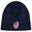Introducing the EMB Canterbury USA Shield Beanie: a dark blue knit featuring subtle horizontal stripes and an embroidered American flag patch in shield shape.