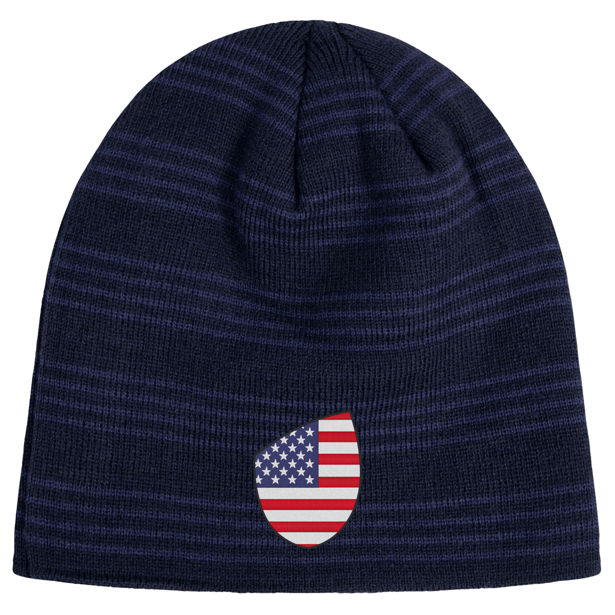 Introducing the EMB Canterbury USA Shield Beanie: a dark blue knit featuring subtle horizontal stripes and an embroidered American flag patch in shield shape.
