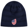 Introducing the EMB Canterbury USA Shield Beanie: a dark blue knit featuring subtle horizontal stripes and an embroidered American flag patch in shield shape.