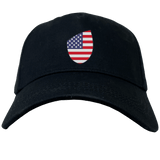 The USA Shield Flex Drill Cap by EMB Canterbury is a stylish black baseball cap featuring an American flag-shaped USA Shield patch on the front.
