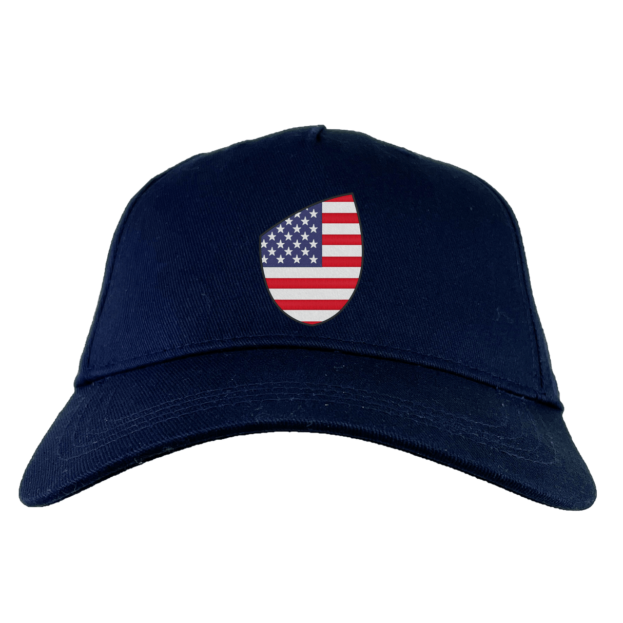 A USA Shield Flex Drill Cap by EMB Canterbury in navy blue, featuring a front design of an American flag.