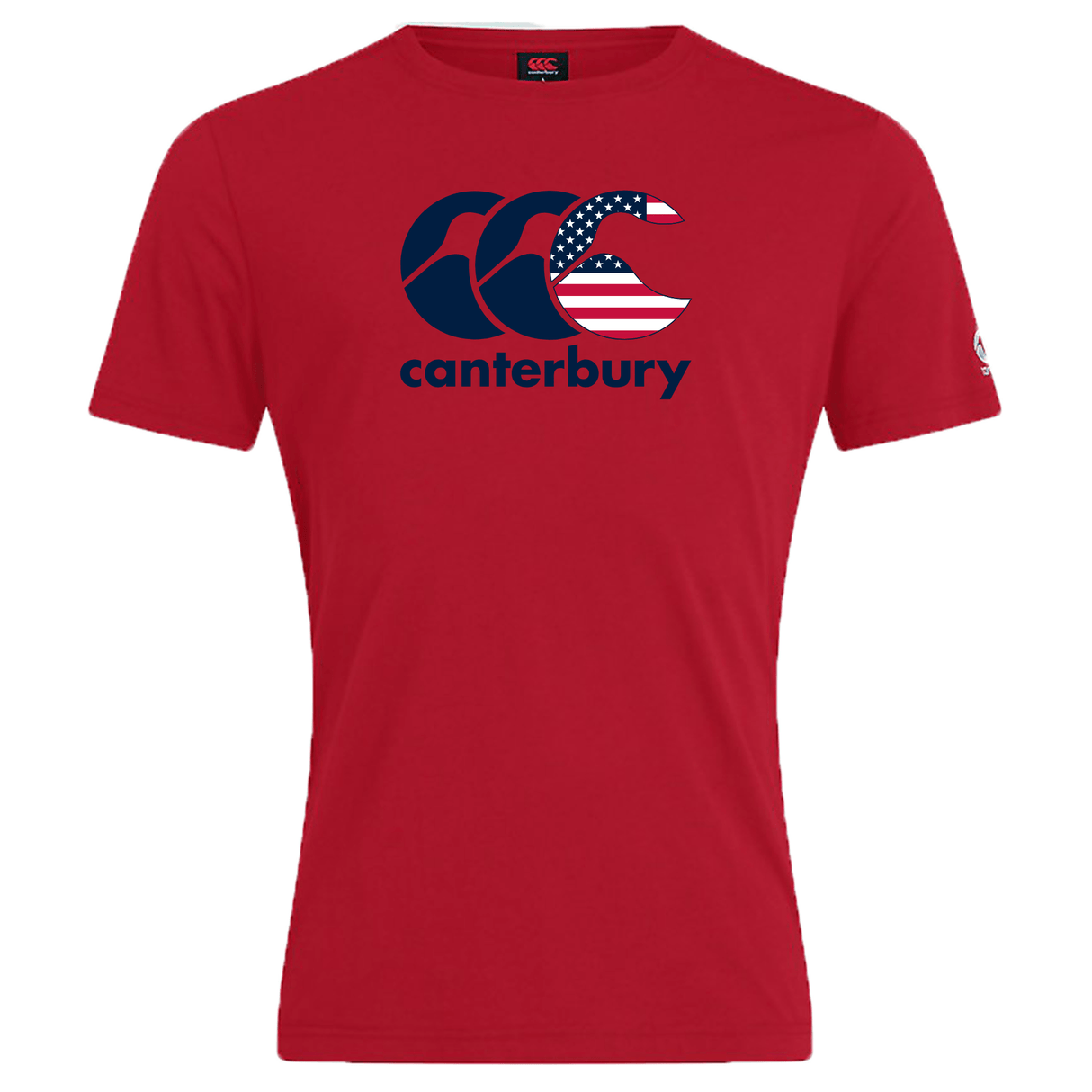 Introducing the Canterbury USA CCC Flag Club T-Shirt by WRS Canterbury, a red cotton blend shirt featuring wave designs and an American flag pattern.