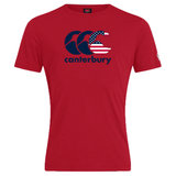 Introducing the Canterbury USA CCC Flag Club T-Shirt by WRS Canterbury, a red cotton blend shirt featuring wave designs and an American flag pattern.