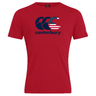 Introducing the Canterbury USA CCC Flag Club T-Shirt by WRS Canterbury, a red cotton blend shirt featuring wave designs and an American flag pattern.