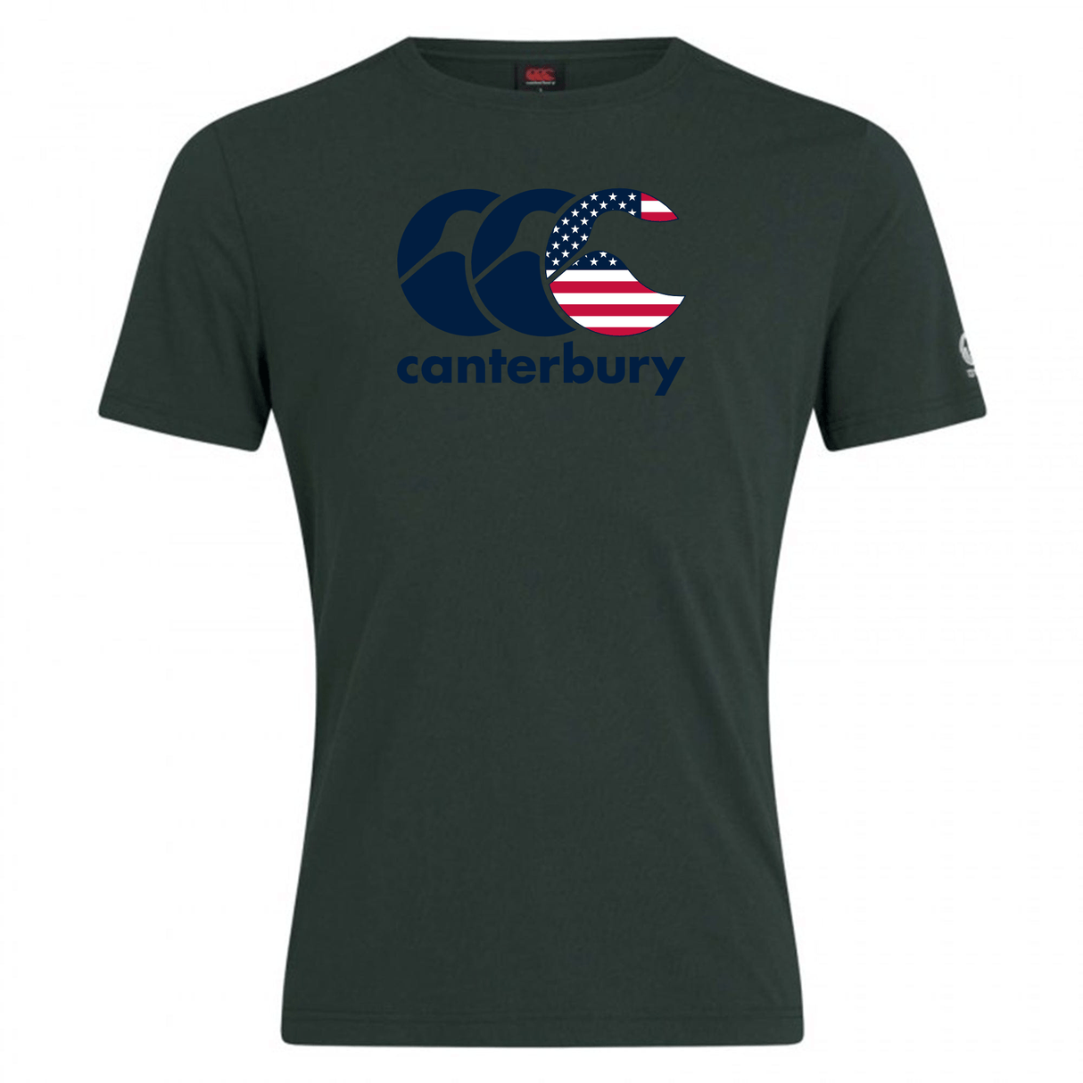 The Canterbury USA CCC Flag Club T-Shirt by WRS Canterbury is a dark green cotton blend featuring the iconic branding with a U.S. flag pattern on the logo.