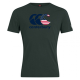The Canterbury USA CCC Flag Club T-Shirt by WRS Canterbury is a dark green cotton blend featuring the iconic branding with a U.S. flag pattern on the logo.