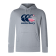 The Canterbury USA CCC Club Lightweight Hoodie by WRS Canterbury showcases a gray design with a Canterbury logo featuring navy blue waves and an American flag, crafted from durable polyester and elegantly placed above the word "Canterbury.