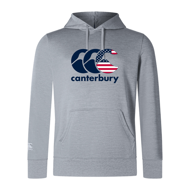 The Canterbury USA CCC Club Lightweight Hoodie by WRS Canterbury showcases a gray design with a Canterbury logo featuring navy blue waves and an American flag, crafted from durable polyester and elegantly placed above the word "Canterbury.