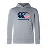 The Canterbury USA CCC Club Lightweight Hoodie by WRS Canterbury showcases a gray design with a Canterbury logo featuring navy blue waves and an American flag, crafted from durable polyester and elegantly placed above the word "Canterbury.
