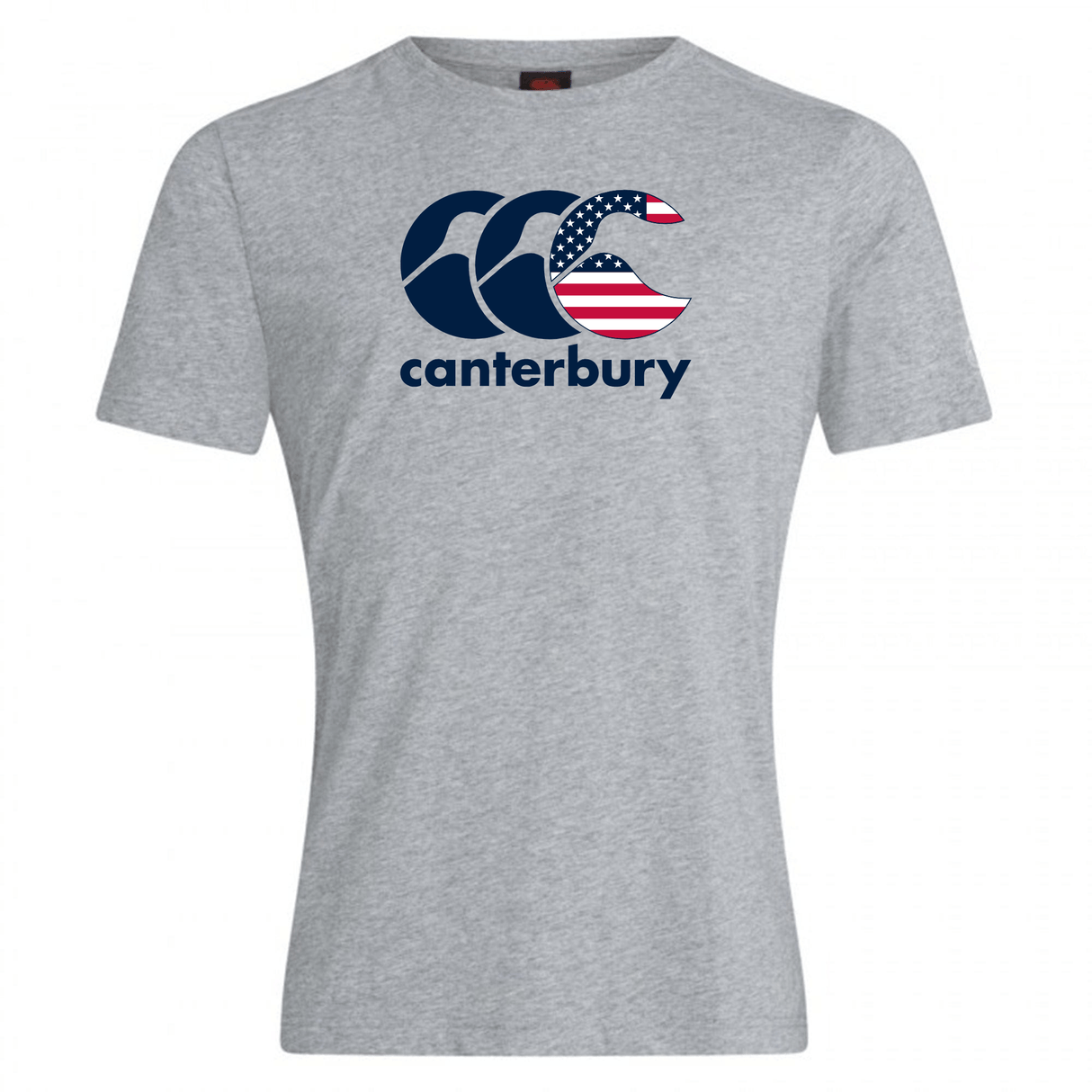 The Canterbury USA CCC Flag Club T-Shirt, by WRS Canterbury, is a gray cotton blend featuring a branded American flag design.