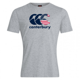 The Canterbury USA CCC Flag Club T-Shirt, by WRS Canterbury, is a gray cotton blend featuring a branded American flag design.