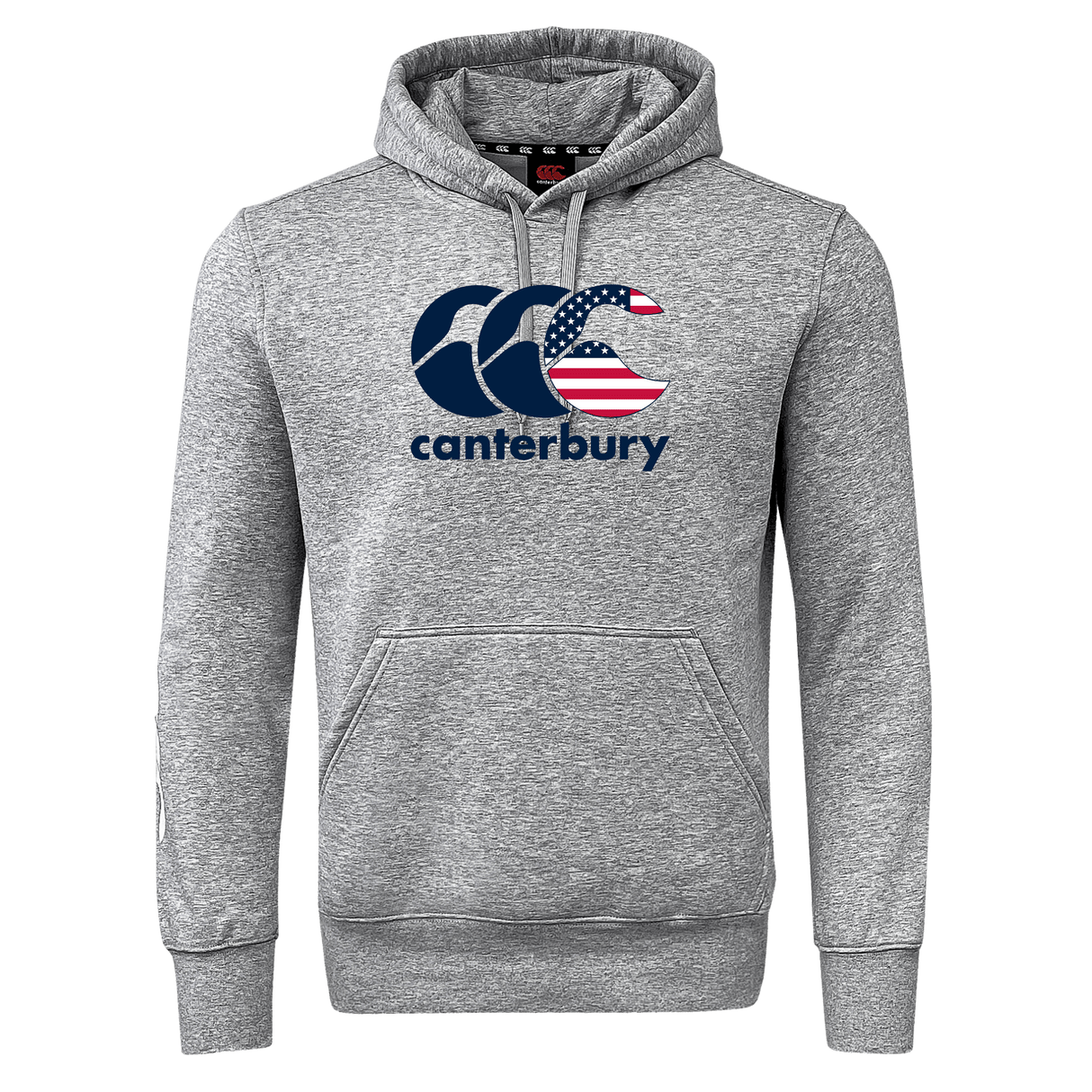 The gray WRS Canterbury USA CCC Flag Club Hoodie features a CCC logo with navy and American flag colors for a classic look.
