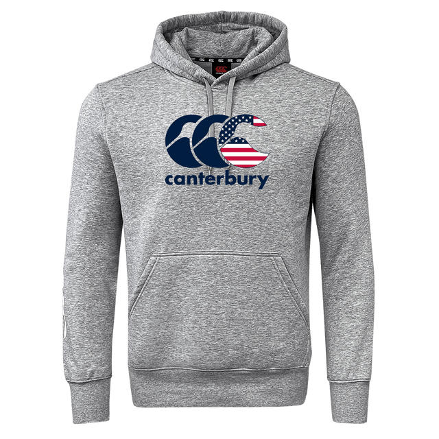 The gray WRS Canterbury USA CCC Flag Club Hoodie features a CCC logo with navy and American flag colors for a classic look.