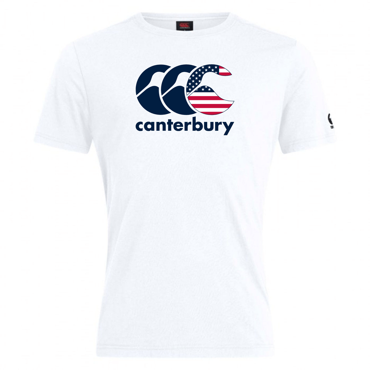 The WRS Canterbury USA CCC Flag Club T-Shirt is a white cotton blend adorned with the Canterbury Kiwi Logo and a design resembling the United States flag.