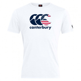 The WRS Canterbury USA CCC Flag Club T-Shirt is a white cotton blend adorned with the Canterbury Kiwi Logo and a design resembling the United States flag.