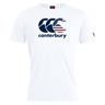 The WRS Canterbury USA CCC Flag Club T-Shirt is a white cotton blend adorned with the Canterbury Kiwi Logo and a design resembling the United States flag.