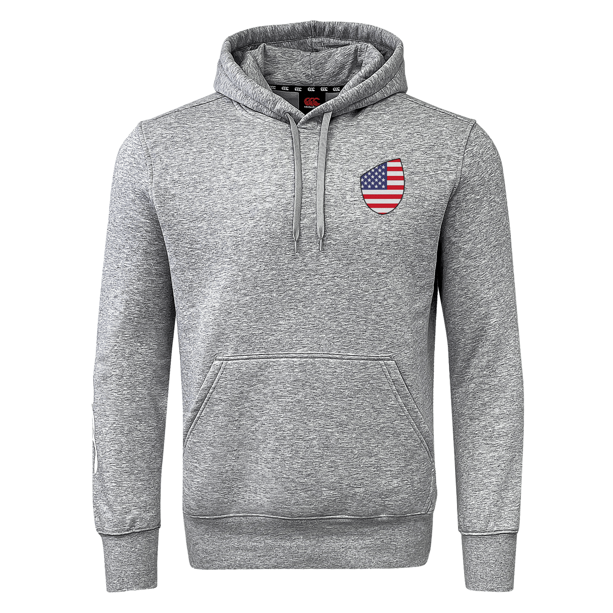 The EMB Canterbury USA Shield Club Hoodie is a gray fleece sweatshirt with an American flag emblem on the left chest, ideal for rugby enthusiasts and fans of the collection.